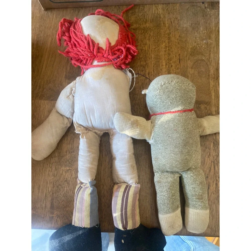 Vintage Handmade Raggedy Ann Cloth Doll and Primitive Sock Doll Folk Art Set 2